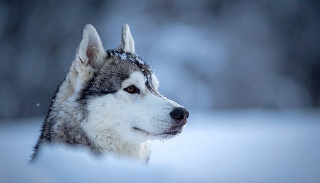 A striking Husky dog in a snowy environment, looking alert