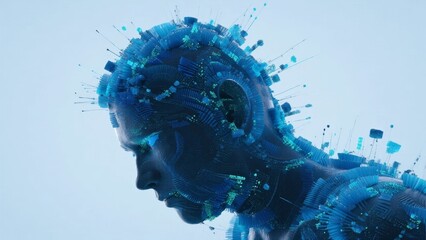 Digital human head with cybernetic and circuit-like elements, showcasing futuristic technology integration.