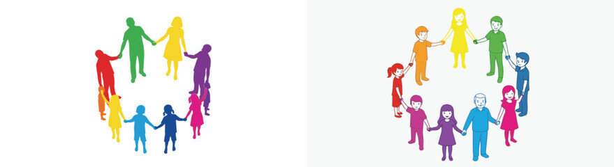 Diverse People Holding Hands in Colorful Circular Vector Illustration