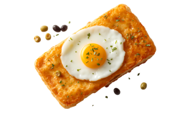 Delicious fried egg on golden brown hash brown patty with olives