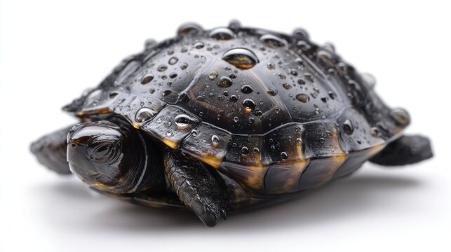 Turtle Shell with water drops: Close-up of a turtle's shell glistens with droplets of water, showcasing the textures and patterns of its surface.