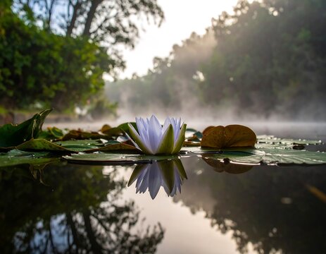 A serene lotus flower floats peacefully upon a misty, reflective body of water