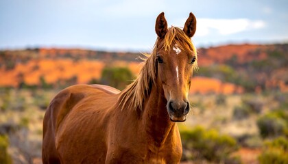 A stunning close-up of a chestnut horse in a natural, arid landscape