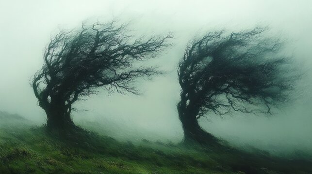 Two twisted, bare trees bending strongly in the wind on a grassy hill under a foggy, muted sky creating a mysterious and eerie atmosphere