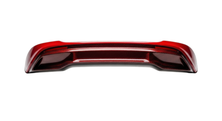 Red automotive rear spoiler third brake light on a white background.