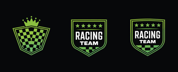 Set of Racing Logos, Icons, Badges, and,  Vector racing shield designs with flags, car stripes, and sport decals, perfect for motorsport branding, automobile decoration, and racing design project