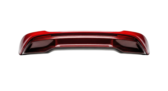 Red automotive rear spoiler third brake light on a white background.