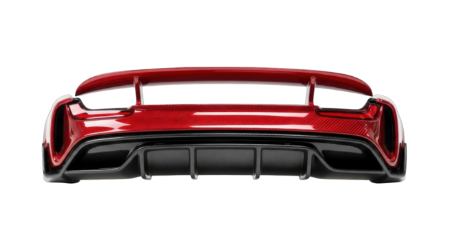 Rear view of a sleek red sports car with a large spoiler and diffuser isolated on a white background.