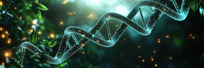 Glowing digital representation of a DNA double helix suspended in a dark forest with leaves and ethereal floating light particles creating a mysterious atmosphere