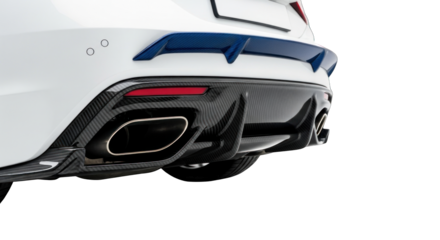 Rear view of a modern white sports car with a black diffuser.