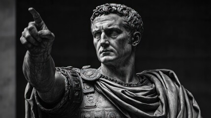 black and white close-up of a detailed stone statue of a stern man in ancient armor and draped cloak pointing forward with intense expression