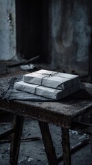 Rustic Stacked Packages on a Weathered Wooden Table in Dim Light