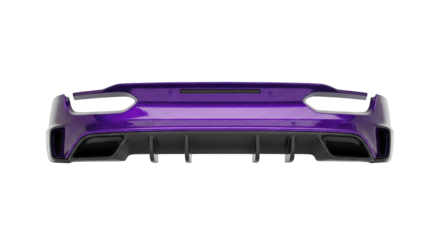 Sleek purple supercar rear bumper with diffuser and taillights isolated on white.