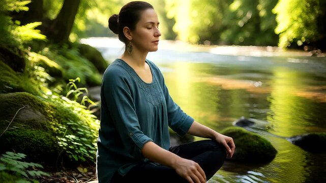 Serene woman meditating by a tranquil river surrounded by lush greenery