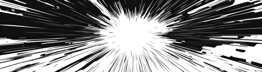 Naklejka premium Dynamic black and white radial lines converging toward a bright central light creating a striking burst energy effect