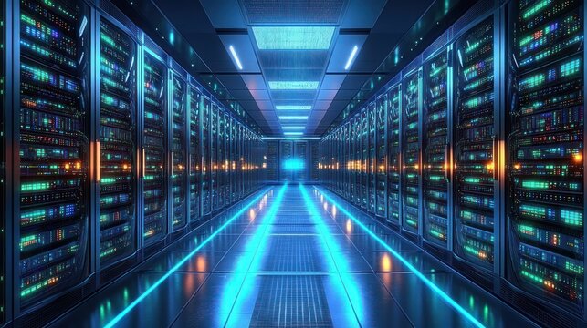 Futuristic data center corridor with rows of server racks illuminated by cool blue and green LED lights creating a high-tech and organized atmosphere