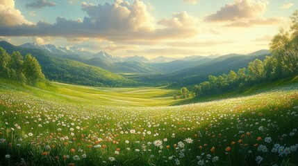 Obraz premium Expansive sunlit meadow filled with wildflowers under a partly cloudy sky with distant mountains and lush green trees surrounding the valley, evoking peace and tranquility