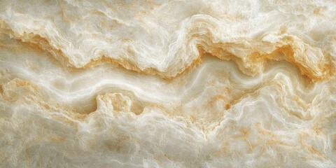 Close-up texture of light beige and white natural stone with wavy layered patterns and subtle golden brown highlights