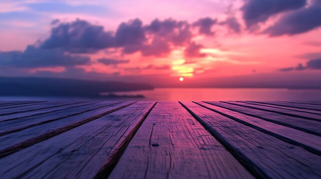 Beautiful wooden deck glowing at twilight with peaceful evening sky