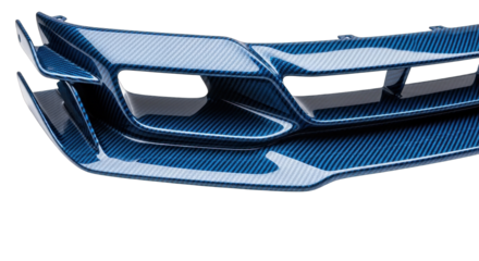 Blue car front bumper with carbon fiber texture design.