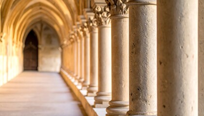 A row of stone columns framing an arched hallway interior