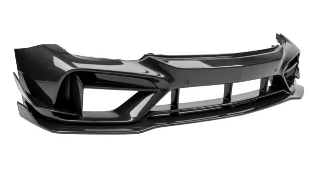 Sleek Black Car Bumper on White Background.