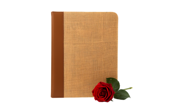 A textured journal with a single red rose on a dark background - Powered by Adobe