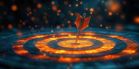 Naklejka premium A dart perfectly hitting the glowing center of a fiery target board surrounded by glowing embers in a dark setting