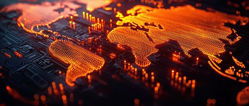 Close-up view of a glowing digital world map made of illuminated orange dots on a dark electronic circuit board background, representing technology and connectivity