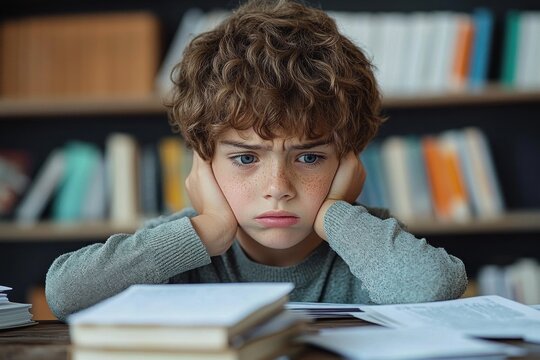 Young boy with curly hair looking frustrated and overwhelmed while sitting at a table with open books and papers in a library or study room