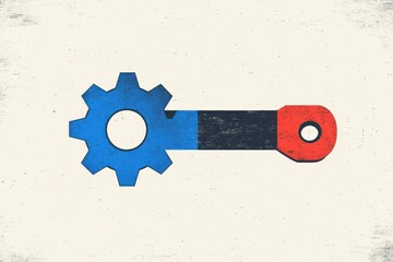 Stylized illustration of a blue gear attached to a two-toned black and red rectangular handle on a textured off-white background