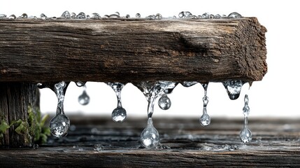 Frozen Elegance: Macro shot of glistening ice crystals clinging to a wooden surface, showcasing the intricate beauty of frost with a touch of the natural world.