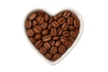Coffee beans filling heart shaped bowl transparent background