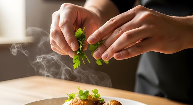 Close-up of a chef's hands carefully garnishing a hot, steaming dish with fresh green herbs. - Powered by Adobe