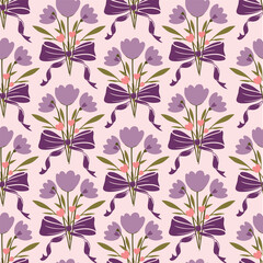 Vintage seamless pattern with pink spring floral bouquets and purple coquette ribbon, cute trendy background.	
