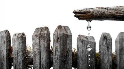 Wood Fence and Droplet: a rustic wooden fence weathered by time and elements, from the tip of the wood hangs a single glistening droplet. An image suggesting nature's elements at play.