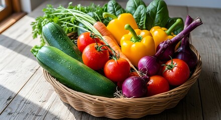 A woven basket overflowing with a vibrant assortment of fresh, healthy vegetables, including zucchini, tomatoes, carrots, bell peppers, red onions, and leafy greens.