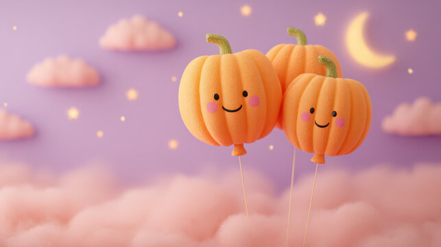 Cute smiling pumpkins float among fluffy pink clouds under crescent moon and stars, creating whimsical and dreamy atmosphere. pastel colors enhance playful and cheerful mood - Powered by Adobe