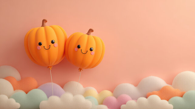 Cute pumpkins with smiling faces float above fluffy clouds against pastel background, creating whimsical and cheerful atmosphere - Powered by Adobe