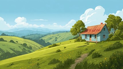 Serene Landscape with Charming Cottage and Lush Green Hills