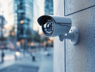 Modern security camera mounted on textured wall overlooking blurred urban street with tall buildings during daylight