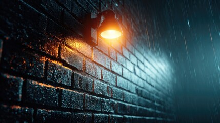 Gloomy Rain on Brick Wall: Atmospheric close-up of a brick wall illuminated by an orange light fixture, glistening with rain. Evoking a sense of urban isolation.