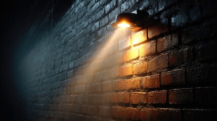 The Mystery of the Illuminated Brick: a dimly lit brick wall is pierced by a single beam, evoking a sense of mystery and suspense. The rough texture of the wall contrasts with the focused light