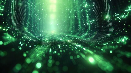 Abstract digital tunnel composed of glowing green particles and dots creating a futuristic and immersive light effect