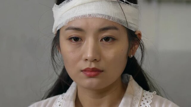 a close up of a woman with a bandage on her head