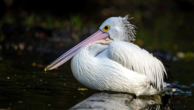 A white and black waterbird resting on a log, close-up shot