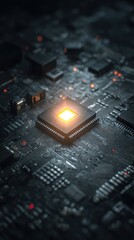 Fototapeta premium Close-Up View of Computer Chip on Circuit Board with Glowing Light