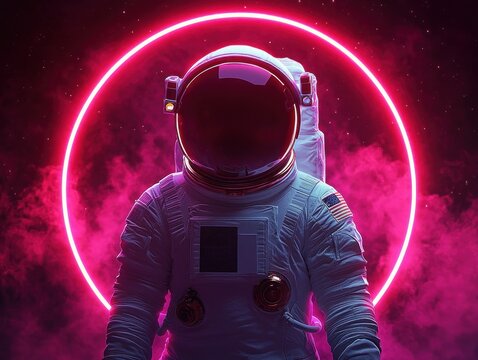 Astronaut in white space suit standing against a glowing neon pink circular halo with starry space background and pink mist
