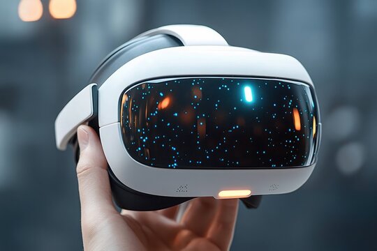 Hand holding a sleek white and black virtual reality headset with stars and glowing dots reflected on the visor against a blurred gray background