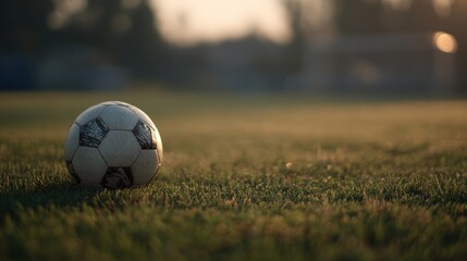 Fototapeta premium Outdoor Soccer Ball on Grass Field at Sunset with Soft Lighting